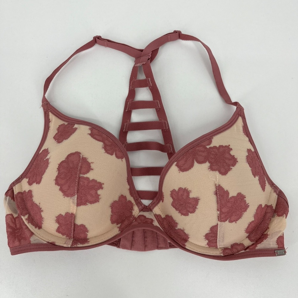 Victoria's Secret PINK Floral Mesh Strappy Caged Racerback Bra Mauve 32C